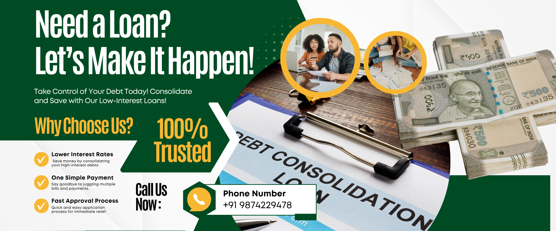 White Dark Green And Yellow Modern Debt Consolidation Loan Services Banner (1)