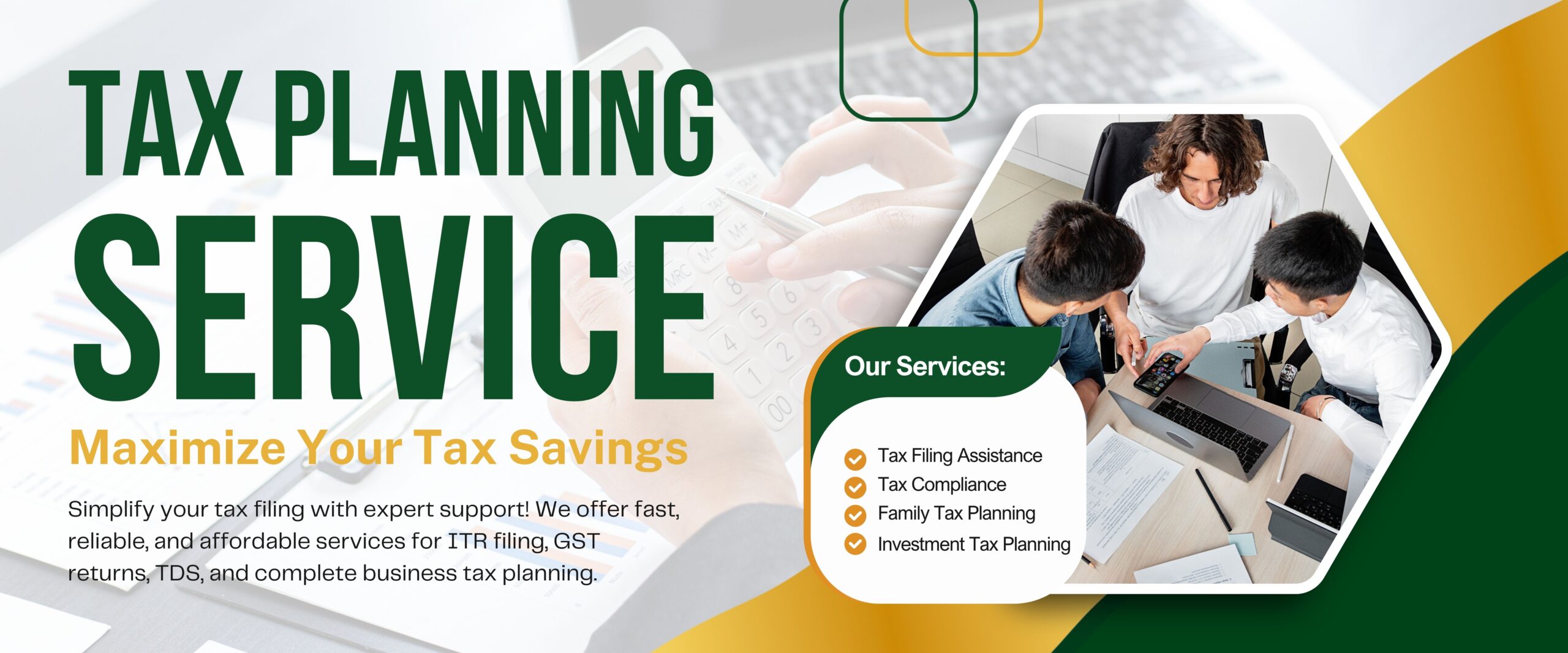 White Gold and Purple Modern Tax Planning Services Banner Landscape